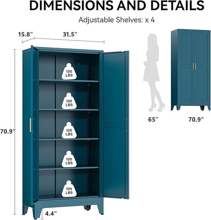 COFaR 71" Pantry Cabinet in Peacock Blue, 5-Tier Storage with Adjustable Shelves, Modern Statement Cupboard for Kitchen, Bathroom & Living Room