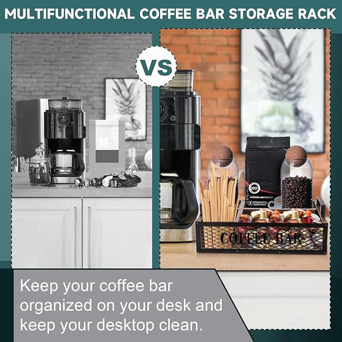 Yalikop Coffee Station Organizer for Countertop, All in One No Assembly Wood Coffee Creamer Bar Holder with Iron Mesh, Office Tea Bar Accessories Gift for New Home Birthday(Brown,Natural)