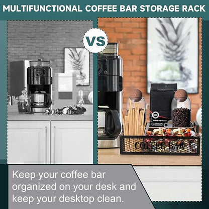 Yalikop Coffee Station Organizer for Countertop, All in One No Assembly Wood Coffee Creamer Bar Holder with Iron Mesh, Office Tea Bar Accessories Gift for New Home Birthday(Brown,Natural)