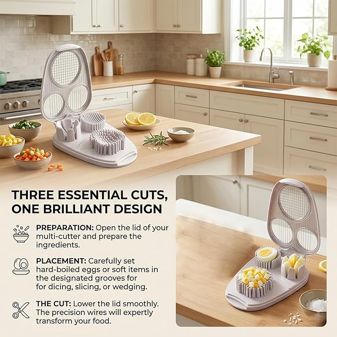 3-in-1 Egg Slicer for Hard Boiled Eggs, Hard Boiled Egg Slicer Dicer Chunker Stainless Steel, Kitchen Gadget for Salad, Strawberry, Mushroom and Grape, Heavy Duty & Dishwasher Safe (Yellow)