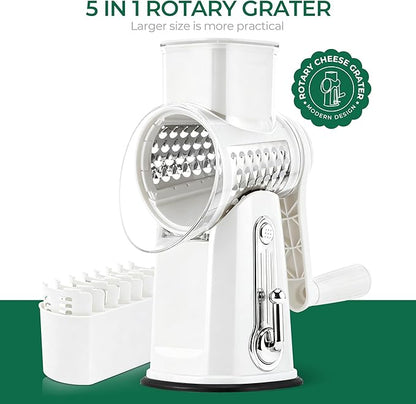 SUSTEAS Rotary Cheese Grater with Handle - Vegetable Shredder with 5 Well-designed Blades & Strong Suction Base,Round Mandoline Slicer & Food Chopper for Kitchen,with Blade Storage Box(White)