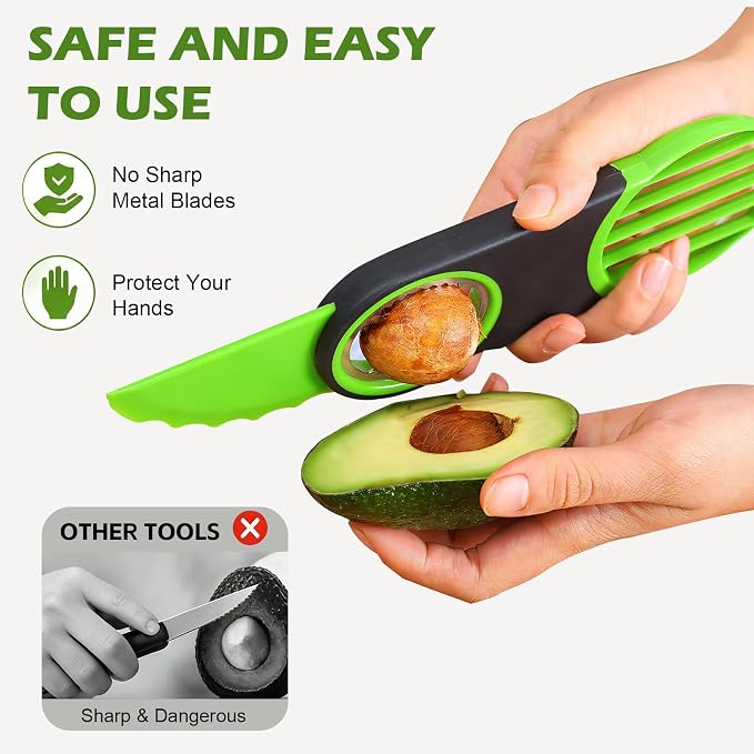 [YQBHDMTM] 3-in-1 Avocado Slicer Knife with Pitter & Peeler, Stainless Steel Blade Avocado Cutter Tool for Slicing, Pitting & Scooping – Dishwasher Safe, Green