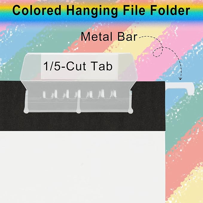 6 Pack Black Hanging File Folders,Letter Size Hanging Colored File Folders-,11 Point Paper Stock,1/5-Cut Adjustable Tabs,Bulk for Filing Cabinet