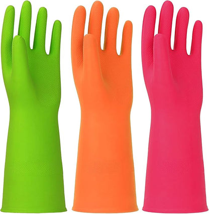 3 Pairs Rubber Cleaning Gloves Latex Free Dishwashing Gloves - 13" Reusable Nitrile Gloves Small, Green+Orange+Red