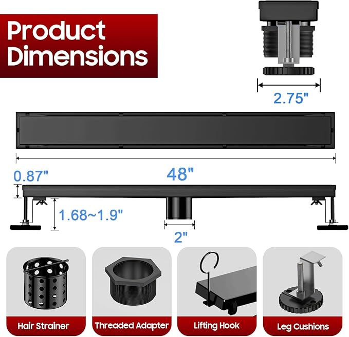 DLONE Linear Shower Drain | 48" AISI 304 Stainless Steel Linear Drain, Matte Black Shower Drain with Tile Insert Panel & Adjustable Feet, Long Rectangle Shower Floor Drain in Bathroom, Balcony, etc