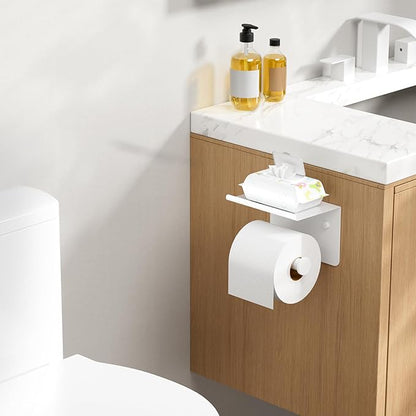 FORIOUS Toilet Paper Holder with Shelf, Adhesive or Screw Wall Mount Toilet Paper Roll Holder for Bathroom, Rustproof 304 Stainless Steel Toilet Roll Tissue Holder Dispenser with Shelf (1, White)