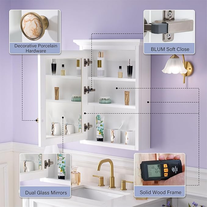 WELLFOR 24 x 30-in Bathroom Cabinet with Double-Side Mirrors, Wall Mounted Wood Mirror Storage Cabinet with 1 Soft-Close Door/2 Solid Wood Shelves, Anti-Fog Glass, Single Left Opening, White