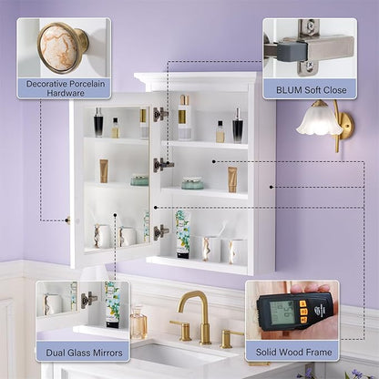 WELLFOR 24 x 30-in Bathroom Cabinet with Double-Side Mirrors, Wall Mounted Wood Mirror Storage Cabinet with 1 Soft-Close Door/2 Solid Wood Shelves, Anti-Fog Glass, Single Left Opening, White