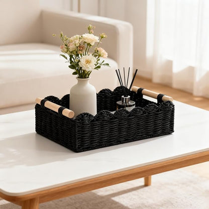 Black Scalloped Edge Storage Baskets with Wood Handle, Set of 2 – Decorative Paper Rope Organizer Bins for Bathroom, Shelf & Countertop