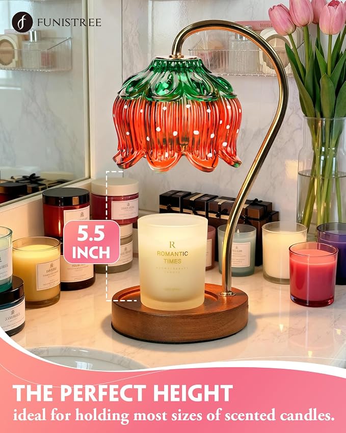 Funistree Flower Candle Warmer Lamp with Timer, Dimmable Candle Lamp Warmer, Christmas Birthday Gifts for Women Mom Her, Housewarming Home Decor, Lotus Wax Warmer for Yankee Candles - Strawberry