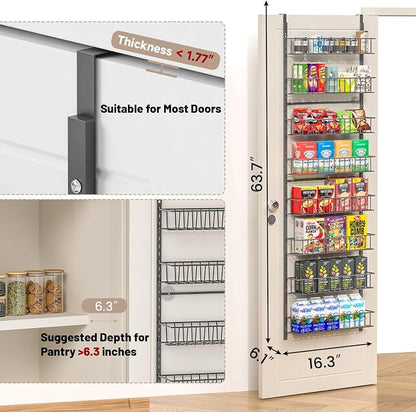 ElegantArray 8-Tier Pantry Door Oragnizer, Over The Door Pantry Organizer Rack and Storage, Hanging Spice Rack Shelves Door, Home Office Laundry Room Bathroom & Kitchen Organization, Deep Gray