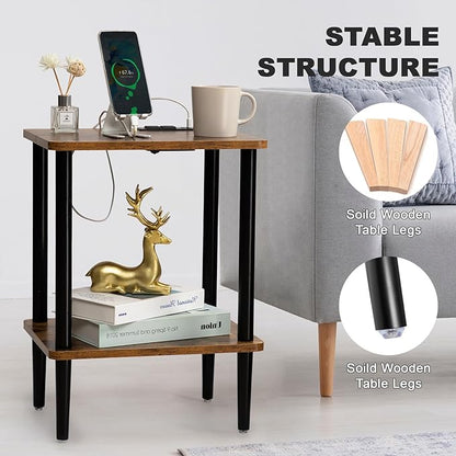 FORAOFUR End Table with Charge Station, Small End Tables Living Room, Nightstand with 2 Tier Storage Shelves for Small Spaces, Living Room, Bedroom, Sofa End Table Rustic Brown