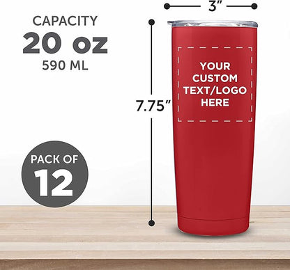 Custom Pipette Stainless Steel Coffee Tumblers 20 oz. Set of 12, Personalized Bulk Pack - Double Wall, Perfect for Coffee, Hot Cocoa, Other Hot & Cold Beverages - Red