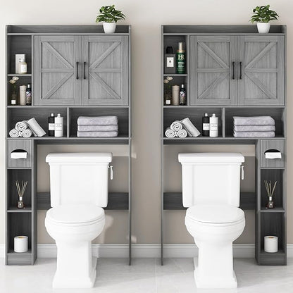 Vabches Over The Toilet Storage Cabinet, Farmhouse Style with 2 Barn Doors, Toilet Paper Holder, Space-Saving for Bathroom & Laundry, Gray