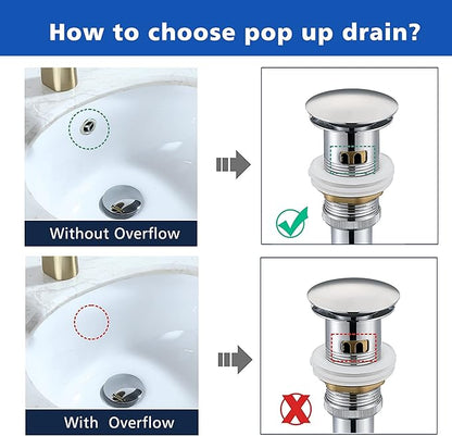 Stainless Steel Pop up Drain for Bathroom Sink Inst Sink Drain with Detachable Basket, Polished Chrome Drain Component with Overflow Bathroom Sink Drain