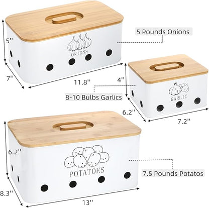 3 Pack Potato Onion Garlic Storage Set, Iron Vegetable Storage Bins with Holes Bamboo Lids, Stackable Kitchen Organization Container Storage Tin for Countertop Pantry