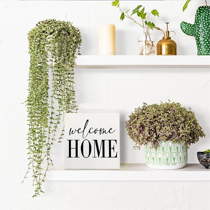 HTBIG Welcome Home Sign Home Decor Desk Decor Wooden Box Sign Rustic Black Wood White Plaque Box Sign for Women Family Friends Farmhouse Living Room Kitchen Bedroom Shelf Table Decoration