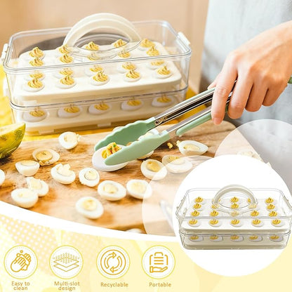 Deviled Egg Containers with Lid & Handle (2 Layer Snap-on) PET Thickened Eggs Holder Inc Egg Slicer Kitchen Tongs Silicone Spatula and Piping Decorating Kit,for Festival Party Brunch