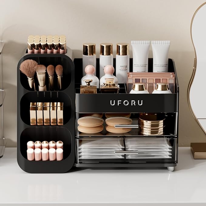 Makeup Organizer for Vanity with Brush Holder, Countertop Skincare Organizer with 2 Drawers, Spacious Cosmetic Display Case for Perfumes, Cologne, Shaving Lotion