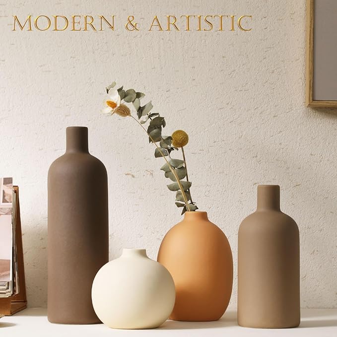 Ceramic Vase Set of 4 - Handcrafted Ceramic Vases for Home Decor & Shelf - Modern Farmhouse Decor for Kitchen, Office, Bedroom & Living Room Decorative Objects for Mantel, Table Centerpieces