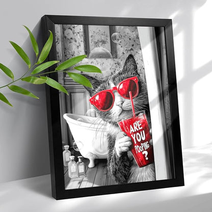 Behind The Shower Curtain Wearing Red Sunglasses Cat For Bathroom Wall Decor Framed Cute Animal Wall Decor For Bathroom Washroom Restroom Decor Rustic Humor Wall Poster (Black Framed) 12x18 Inch