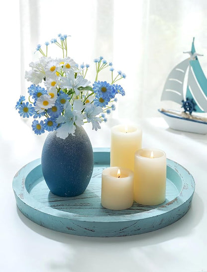 Hanobe Candle Plate Holder Tray: Round Wood Decorative Candle Plate - Rustic Farmhouse CoffeeTable Decor - Tealight Pillar Trays for Home Decor (Ocean Blue)