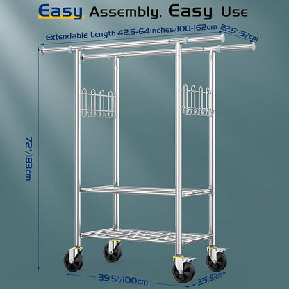 Heavy Duty Clothes Rack Up to 980 LBS, 100% Stainless Steel Rolling Clothing Rack with 2 Tier Shelves, Double Rod Garment Racks for Hanging Clothing, Extendable Rolling Clothes Rack with Wheels