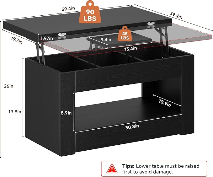UNIQUITE 40" Lift Top Coffee Table, 4 in 1 Multi-Function Lift Coffee Tables with Storage and Hidden Compartment, Convertible Coffee Table to Dining Table for Living Room, Black