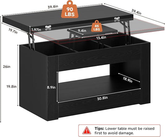 UNIQUITE 40" Lift Top Coffee Table, 4 in 1 Multi-Function Lift Coffee Tables with Storage and Hidden Compartment, Convertible Coffee Table to Dining Table for Living Room, Black