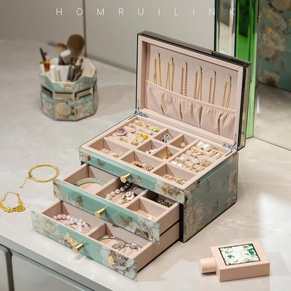 High End Glass Jewelry Box - 3 Layer Jewelry Organizer - Velvet-Lined Case For Ring, Necklace, Earring, Bracelet Storage - Green Floral and Bird - Christmas Gifts For Women