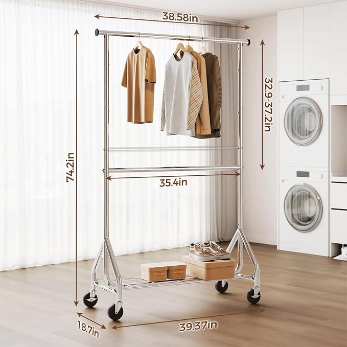 HYSEYY Heavy Duty Clothes Rack, Double Rod Clothing Rack for Hanging Clothes, Rolling Garment Rack, Adjustable Freestanding Wardrobe Closet Coat Rack for Bedroom Laundry Living Room, Silver