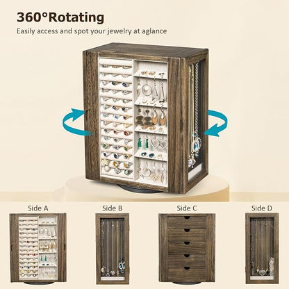 Emfogo 360° Rotating Jewelry Box for Women, Rustic Wooden Jewelry Organizer Box with 5 Drawers, Glass Doors, Vertical Open Design Jewelry Storage Case Display for Earrings Rings Necklaces Bracelets