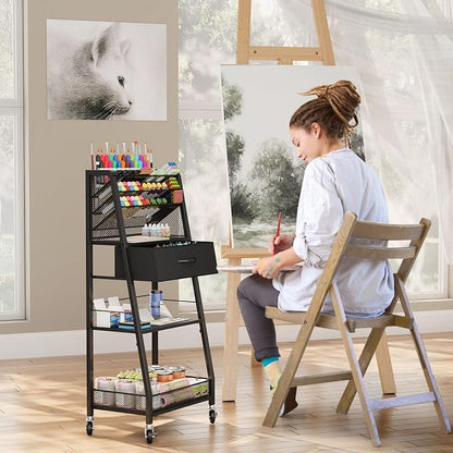 Homsorout 3 Tier Rolling Cart - Metal Utility Cart with Storage Drawer and Wheels, Versatile Art & Craft Organizer for Home, Office, or Studio - Ideal for Storing Brushes, Paints, and Supplies（Black）