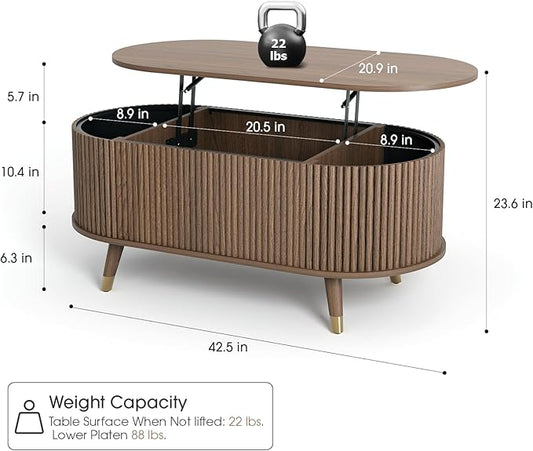 Oval Coffee Table with Storage, 42.5” Fluted Coffee Table with Lifting Top & Solid Wood Legs, Modern Lift Up Center Table for Living Room, Home Office, Walnut
