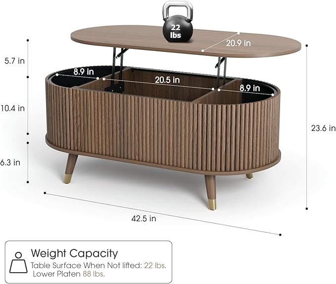 SULIVES Oval Coffee Table with Storage, Multifunctional Coffee Table with Lifting Top, Small Fluted Center Table for Living Room, Walnut