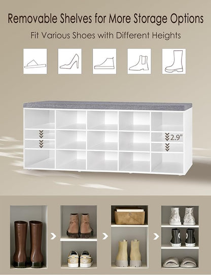 DINZI LVJ Shoe Storage Bench with Cushion, 15-Cubby Shoe Rack, Adjustable Shelves, Long Shoe Organizer Bench for Entryway, Mudroom, Hallway, Living Room, Bedroom and Garage, White