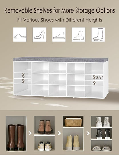 DINZI LVJ Shoe Storage Bench with Cushion, 13-Cubby Shoe Rack, Adjustable Shelves, Multifunctional Shoe Organizer Bench for Entryway, Mudroom, Hallway, Living Room, Bedroom and Garage, White