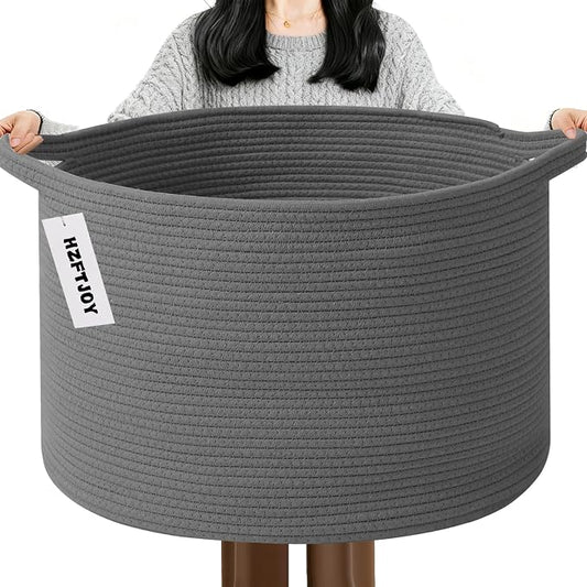 115L Extra Large Blanket Basket,Woven Rope Laundry Basket Hamper with Handles, Decorative Nursery Basket Storage Bin for Toys, Clothes Organizer, Living Room, Bedroom, Bathroom, Dark Gry