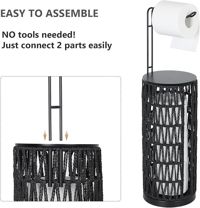Black Freestanding Toilet Paper Holder with Storage,3 Rolls of Tissue Holder for Bathroom,Handmade Woven Toilet Paper Roll Holder Stand,Rattan Sturdy Boho Bathroom