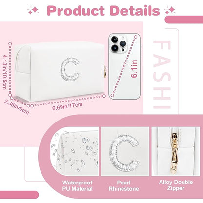 Bride Gifts – Personalized Initial Makeup Bag with Pearl Rhinestone Patch, Preppy White Monogram Cosmetic/Toiletry Pouch, bridesmaid Gifts, Bridal Shower Gifts, Wedding Gifts, Bridal Gifts,C
