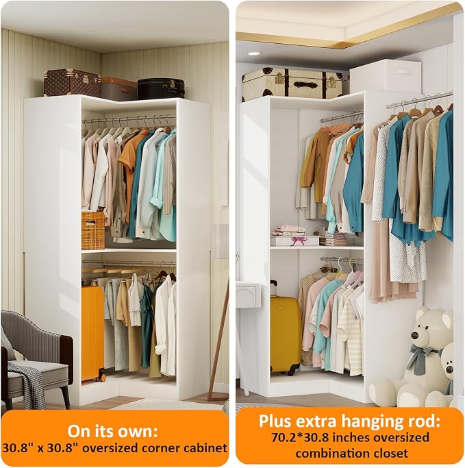 Vomavex Corner Closet System with 3 Hanging Rods, 30.8”-70.2” L Shaped Freestanding Closet Organizer for Walkin Closet, Corner Wardrobe, White