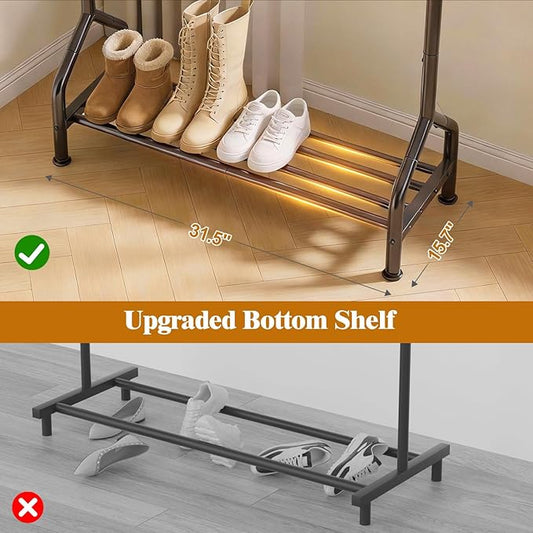 EAGMAK Sturdy Clothing Racks with Shelf, Metal Clothes Rack with Leveling Feet for Hanging Clothes, Freestanding Garment Coat Rack for Bedroom, Apartment & Small Spaces, Black