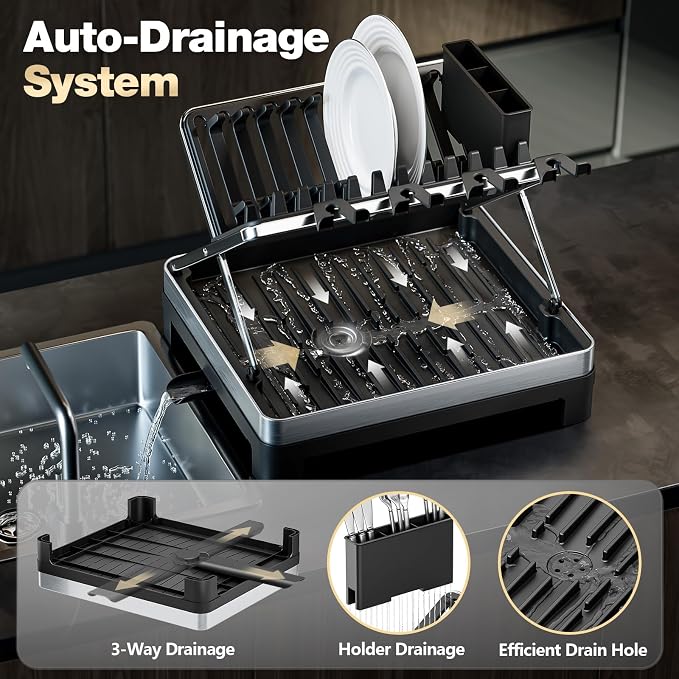 Dish Drying Rack, 2-Tier Stainless Steel Dish Rack with X-Frame and Drainage Spout, Large Collapsible Dish Drainer for Kitchen Counter, Dish Strainer with Utensil and Wine Glass Holder, Black