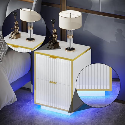 4ever2buy White and Gold Nightstand, Modern Bedside Table with LED Lights, End Table for Bedroom Living Room