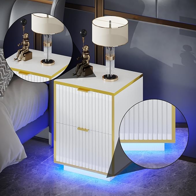 4ever2buy White and Gold Nightstand Set of 2, Modern Bedside Table with LED Lights, End Table for Bedroom Living Room