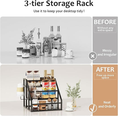 Coffee Syrup Rack Organizer, 3 Tier Countertop Storage Shelves, Kitchen Storage, 12 Syrup Bottle Stand Holder for Wine, Liquor, Kitchen Coffee Station Organizer Rack, 13.8"x13.4"x13.0",Black