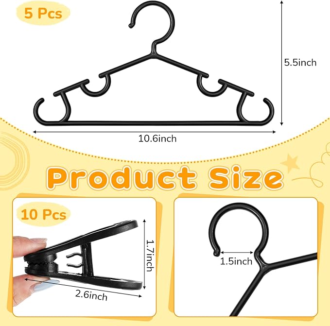 Hsei 5/10/40 Pack Baby Hangers with 10/20/80 Clips, Plastic Kids Pants Hangers for Nursery Closet Top and Bottom Clothes Hanger Set for Newborn Infant Toddler(15 Packs Total,Black,10.6 Inch)