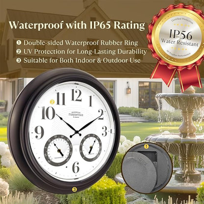 Presentime & Co 18" Illuminated in/Outdoor Clock with Smart Sensor and Night Light, Waterproof, Large Wall Clock with Thermometer & Hygrometer, for Garden and Patio - Oil Rubbed Bronze