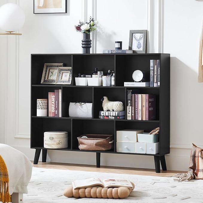 LEYAOYAO 10 Cube Bookshelf, 3 Tier Vintage 55" Wide Bookcase with Legs, Mid-Century Wood Bookshelves Storage, Black Large Book Case, Freestanding Organizer Display Shelf for Living Room, Office