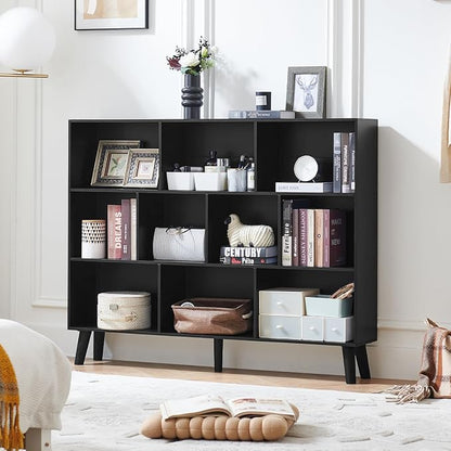 LEYAOYAO 10 Cube Bookshelf, 3 Tier Vintage 55" Wide Bookcase with Legs, Mid-Century Wood Bookshelves Storage, Black Large Book Case, Freestanding Organizer Display Shelf for Living Room, Office